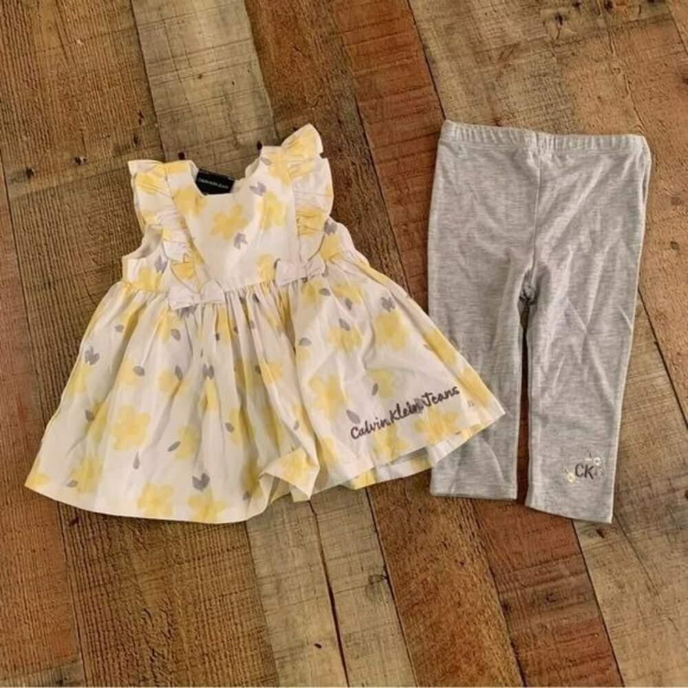 Calvin Klein jeans girls yellow and white floral dress leggings set -6/9M